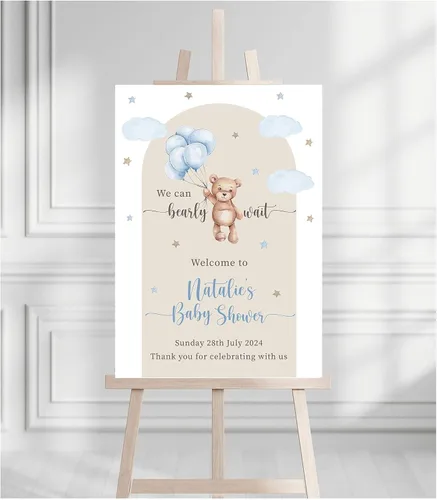 Vista 24 de Letrero de bienvenida para baby shower, personalizable, con texto en inglés «We Can Bearly Wait» Neutral Cute Teddy Bear Theme, varios tamaños