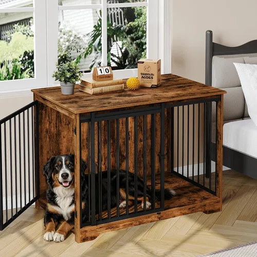 Vista 22 de Hzuaneri Mueble de jaula para perros de 27.2 pulgadas con puerta de granero, perrera resistente para interiores con 2 puertas, mesa auxiliar jaula