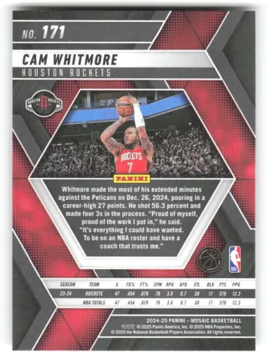Vista 2 de 2024-25 Panini Mosaic #171 Cam Whitmore Houston Rockets NBA Basketball Base Trading Card