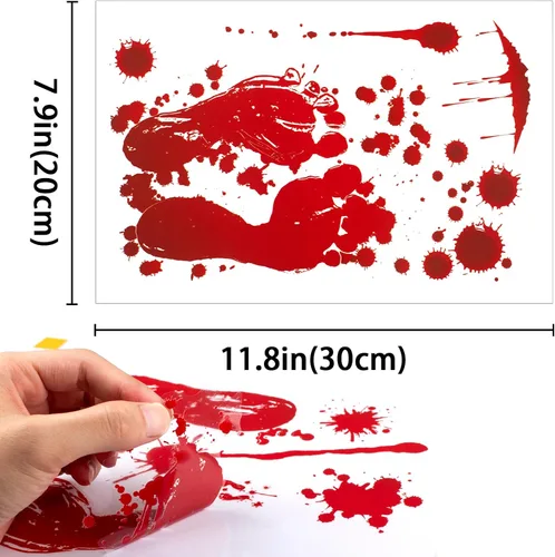 Vista 5 de Decoraciones de Halloween para ventana, 9 hojas, 90 unidades, calcomanías de huellas de manos sangrientas con 10 calcomanías de tatuaje, calcomanías