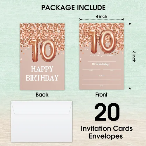 Vista 2 de Tarjetas de invitación de cumpleaños número 10, invitaciones de fiesta de cumpleaños número 10 con purpurina de oro rosa, suministros de decoración