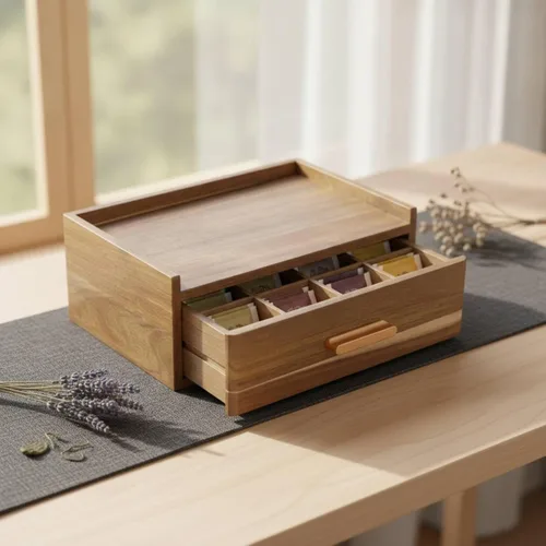 Vista 7 de Multi Compartment Organizer Wooden Tea Organizer Storage Box Desktop Drawer Tray Tea Box With Drawer Wood Suitable for tea lovers’ counters home