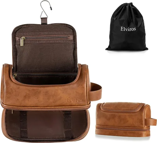 Vista 12 de Elviros - Neceser de aseo personal para hombre, organizador de viaje de cuero PU, con gancho para colgar, bolsas de afeitado para el baño de gran