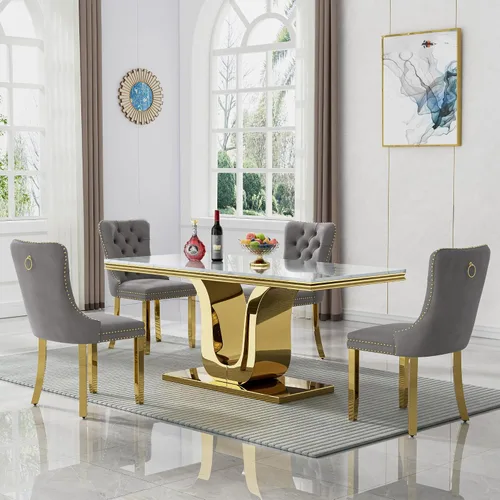 Vista 25 de SSLine Mesa de comedor moderna para mesa de cocina de mármol sintético de 6,70 pulgadas, mesa de comedor rectangular para muebles de cocina
