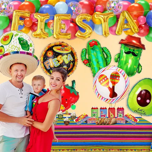 Vista 4 de Juego de decoraciones de fiesta para fiestas, juego de decoraciones de fiesta de tacos grandes, paquete de 15, globos de sombrero de fiesta de taco