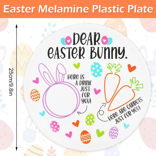 Vista 2 de AnyDesign Plato redondo de conejo de Pascua, platos redondos de conejo, zanahorias para querida Pascua, platos de plástico reutilizables, bandeja