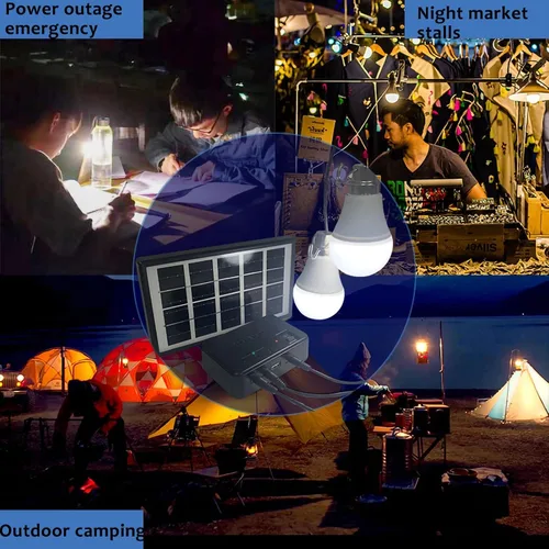 Vista 6 de Sistema de iluminación solar para el hogar de 6Ah con kit de panel solar de 3W 5V, 2 bombillas LED - Luz portátil para exteriores, camping, viajes
