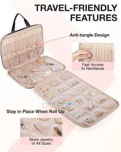 Vista 4 de BAGSMART Estuche organizador de viaje de joyería, bolsa de joyería colgante para viajes con bolsillos, rollo de joyería de gran capacidad
