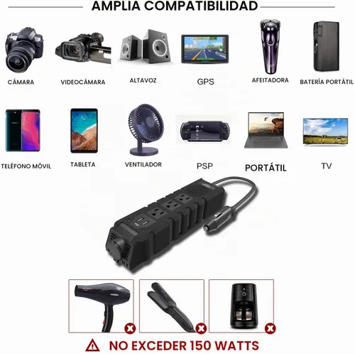 Vista 6 de BYGD Inversor de corriente de coche de 150 W para vehículos, DC 12 V a 110 V CA adaptador de enchufe de coche convertidor de salida con 1 toma