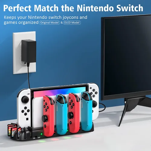 Vista 6 de Estación de carga de control de interruptor compatible con Nintendo Switch y OLED Model Joycons KDD Switch Controller Charger Dock Station con 8