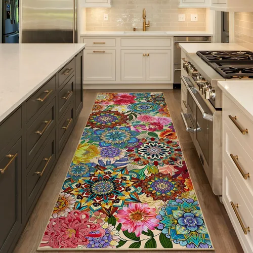 Vista 13 de Alfombra Floral Boho 2x3, Alfombra de Entrada Interior con Flores Coloridas Antideslizante Alfombra Pequeña para Área de Entrada Cocina Baño