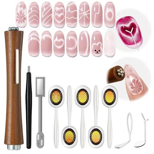 Vista 18 de modelones Juego de imanes de ojo de gato, esmalte de gel francés con corazón de ojo de gato, kit de herramientas de uñas de doble cabeza 5 en 1