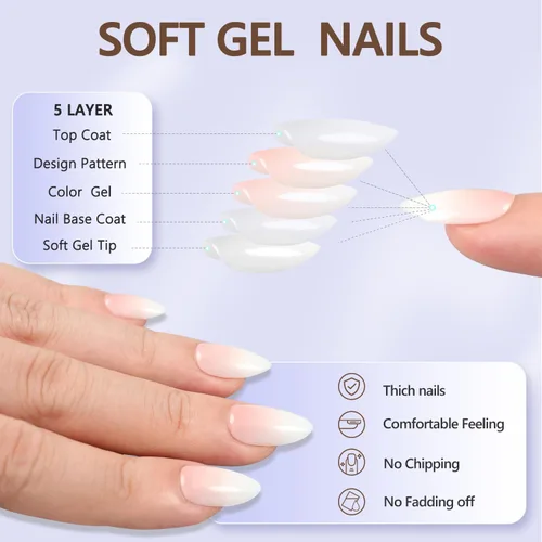 Vista 5 de 6 paquetes de uñas postizas en forma de almendra, uñas postizas de punta francesa Misssix cortas, uñas postizas reutilizables con pegamento, uñas