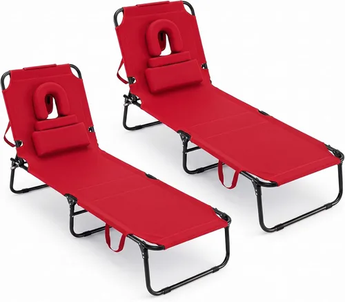 Vista 15 de GYMAX Silla de bronceado, silla de playa de 350 libras con agujero para la cara, almohada lavable y correa de transporte, tumbona plegable Ártico