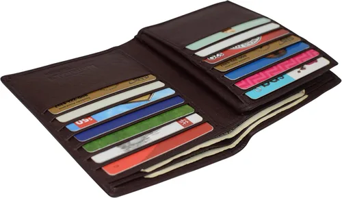 Vista 6 de Marshal Billetera de piel auténtica con bloqueo RFID para hombres ranuras para tarjetas, 2 compartimentos para billetes, ventanas de identificación