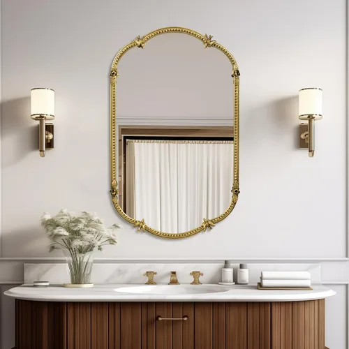 Vista 7 de Espejo de pared ovalado dorado de 19 x 32 pulgadas, espejo decorativo con marco de cuentas de metal, bonito patrón de pájaros y flores, espejo