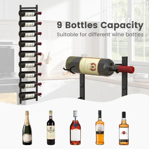 Vista 3 de GOFLAME Estante para vino montado en la pared, estante colgante para 9 botellas, soporte de vino de metal inoxidable para pared, organizador