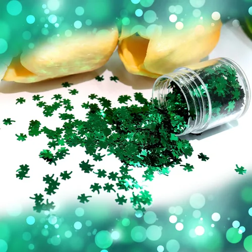 Vista 3 de Laza Brillantina gruesa de 0.07 oz para el día de San Patricio, confeti de clavo, dijes holográficos de uñas, calcomanías de lentejuelas brillantes
