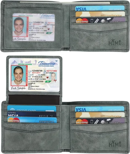 Vista 13 de Cartera de piel auténtica para hombre, con bloqueo RFID, plegable, elegante, con 2 ventanas de identificación Negro