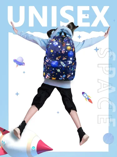 Vista 2 de Mochila escolar negra para niños, mochila impermeable duradera con compartimento para laptop, Mochila Azul Espacio, Moderno