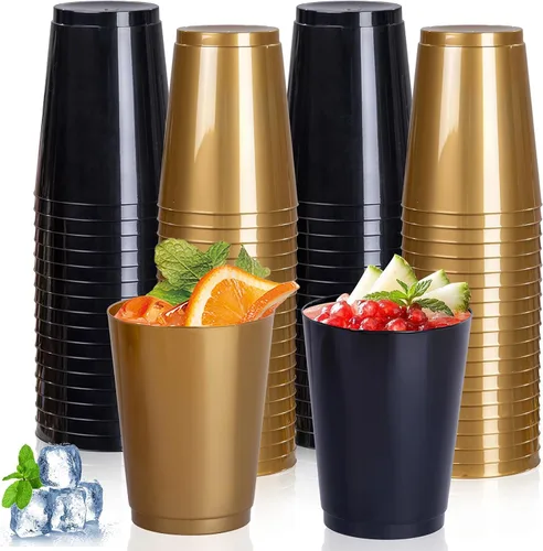 Vista 13 de DaYammi Paquete de 100 vasos de plástico dorados de 16 onzas, elegantes vasos de plástico transparente con borde dorado, desechables, copas de vino
