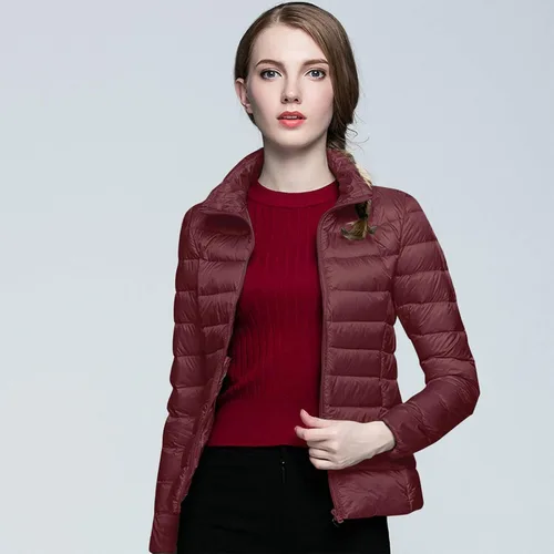 Vista 2 de Chaqueta acolchada plegable para mujer, cálida y ligera, chaqueta de plumón ajustada con capucha, abrigo corto de burbujas de pato con capucha