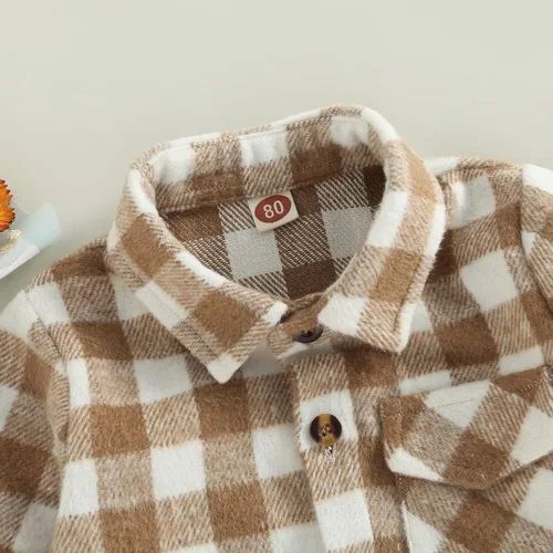 Vista 5 de AEEMCEM Chaqueta de franela a cuadros para bebés, niños y niñas, de manga larga, con solapa, con botones, con bolsillos, chaqueta tipo cárdigan