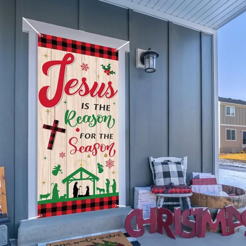 Vista 7 de Cubierta de puerta religiosa de Jesús de Navidad, telón de fondo para puerta de fiesta de Navidad con texto en inglés «Jesús es la razón