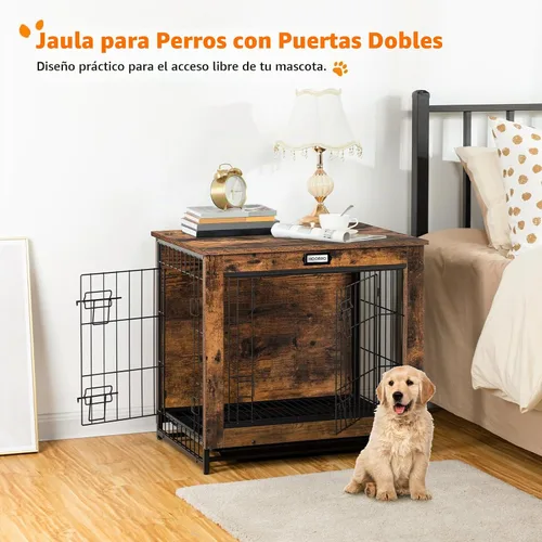 Vista 4 de Mueble de jaula para perros, perrera pequeña de 25.5 pulgadas para interiores, jaula de madera con bandeja extraíble, mesa auxiliar lateral que