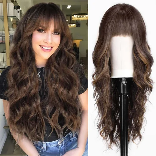 Vista 7 de HAIRCUBE Peluca de color marrón a rubio con flequillo para mujer, peluca de cabello largo ondulado marrón y rubio, pelucas sintéticas rizadas