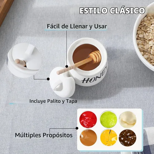 Vista 5 de Tarro de miel pequeño de porcelana con tapa y cuchara de miel 12oz (blanco)
