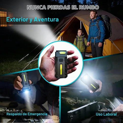 Vista 8 de Luz de trabajo LED con cabezal giratorio de 180°, doble haz, base magnética y recargable USB-C, mini llavero, linterna manos libres con clip
