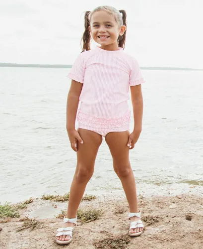 Vista 3 de RuffleButts - Conjunto de traje de baño de manga corta para bebé o niña con protección solar UPF 50+