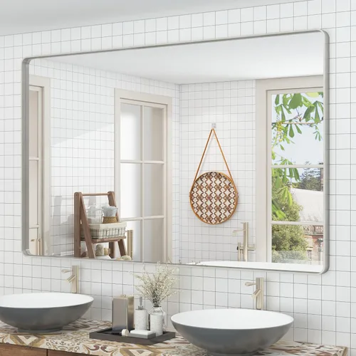 Vista 138 de Paquete de 2 espejos de baño con marco de metal negro de 22 x 30 pulgadas, espejo rectangular redondeado negro mate, antioxidante, se cuelga