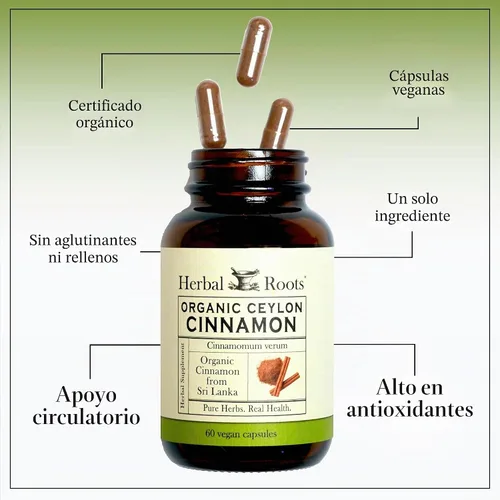 Vista 4 de Herbal Roots Cápsulas orgánicas de canela de Ceilán, certificado orgánico por USDA, soporte circulatorio, 60 cápsulas veganas