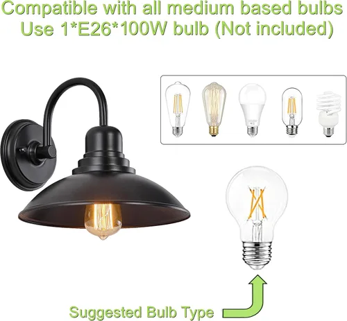 Vista 4 de GOLDHILL Luz de Granero Exterior Negra con Cuello de Ganso, Luces de Tocador de Estilo Granja con Base E26, Luces Exteriores Redondas para Casa