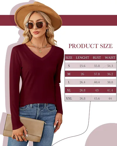 Vista 7 de Ficerd Paquete de 2 camisetas con cuello en V para mujer, manga corta o larga, camisetas básicas de verano casuales con dobladillo sólido