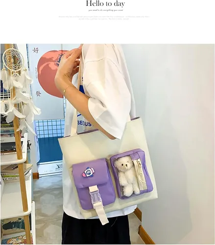 Vista 5 de Mochila Kawaii de 5 piezas, bolsa deportiva estética de 17 pulgadas con bonita mochila, bolsa de hombro, caja de lápices, bolsa de mano, bolsa
