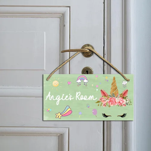 Vista 3 de Decoración de unicornio para dormitorio de niñas, letreros personalizados con nombre para habitación de niños, decoración de pared de unicornio