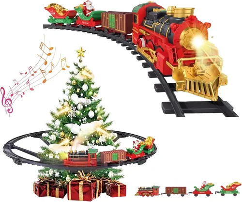 Vista 3 de Juego interactivo de ferrocarril navideño – Locomotora giratoria con 8 melodías de efectos de niebla y parada automática perfecta para decoración
