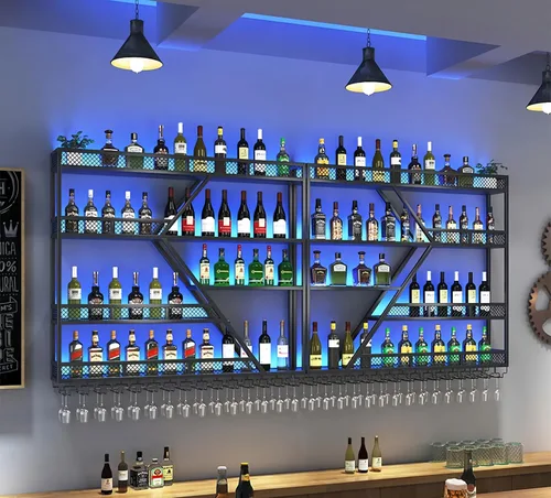 Vista 7 de Estante moderno de 59 pulgadas para vino montado en la pared con luz LED, estantes de barra de pared de metal con soporte para vidrio, estante