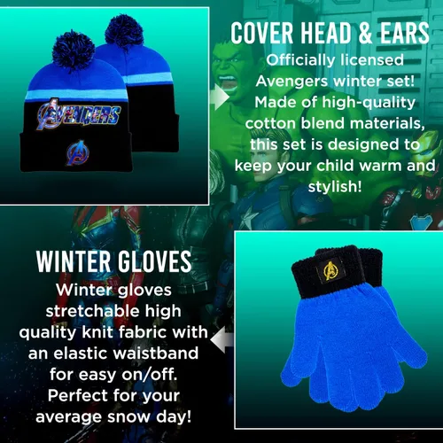 Vista 2 de Marvel Avengers - Juego de sombreros de invierno y guantes de nieve para niños y niños pequeños con lindos guantes y gorro suave, pompones esponjosos