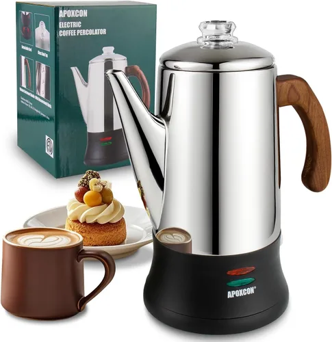 Vista 10 de APOXCON Percolador de Café Eléctrico Cafetera de Acero Inoxidable con Perilla de Vidrio Resistente Transparente para Ver el Progreso