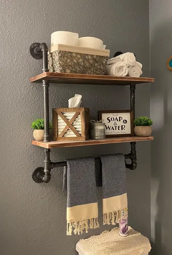 Vista 3 de Estante industrial de tubería para baño, estantes de pared montados en la pared, 2 niveles de 19.6 pulgadas de madera rústica, decoración flotante