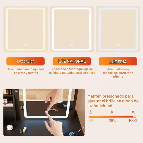 Vista 6 de DYHOME Escritorio de maquillaje con espejo de luces LED, 3 modos ajustables y tomas de corriente, mesa de tocador con 6 cajones y banco, escritorio