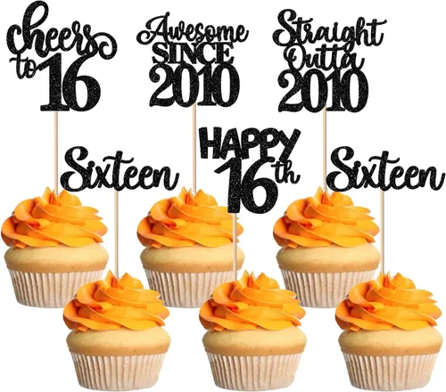 Vista 10 de Paquete de 30 adornos para cupcakes de 10º cumpleaños con purpurina recta hacia fuera de 2016, Happy 10th Ten Awesome Since 2016, 10 fabulosas Negro