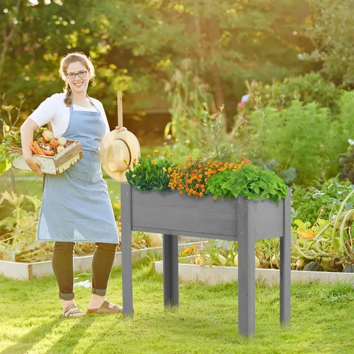 Vista 9 de Cama de jardín elevada con patas, 31 x 16 x 31 pulgadas, jardinera elevada de madera para exteriores, cedro gris, patas gruesas, con forro Marrón