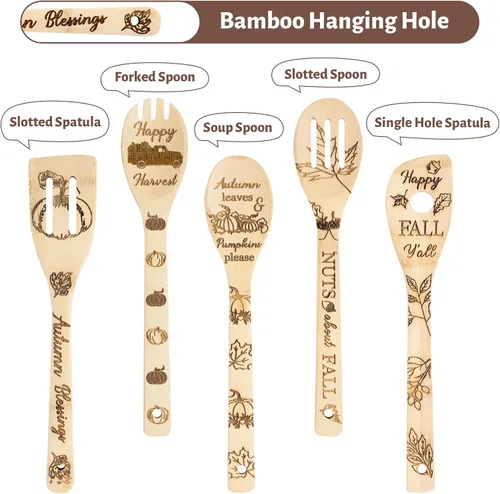 Vista 3 de Eartim Juego de utensilios de cocina de madera de otoño – 7 piezas de calabaza de otoño, utensilios de cocina de calabaza de otoño, cuchara de bambú
