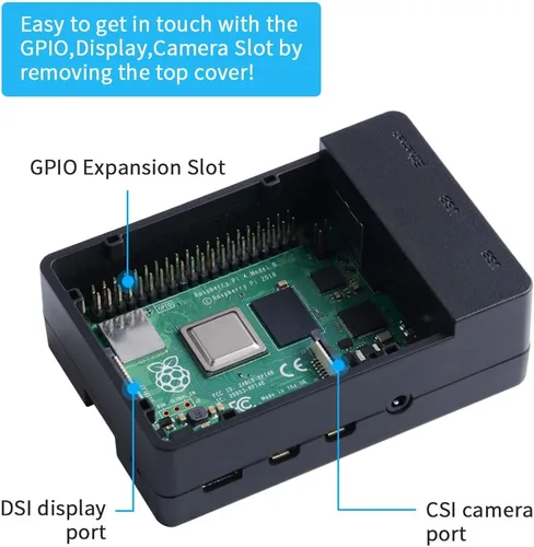 Vista 5 de GeeekPi Funda para Raspberry Pi 4, Pi 4 Fan ABS Case con ventilador PWM 40X40X10mm y 4pcs Disipadores de calor para Raspberry Pi 4 Modelo B