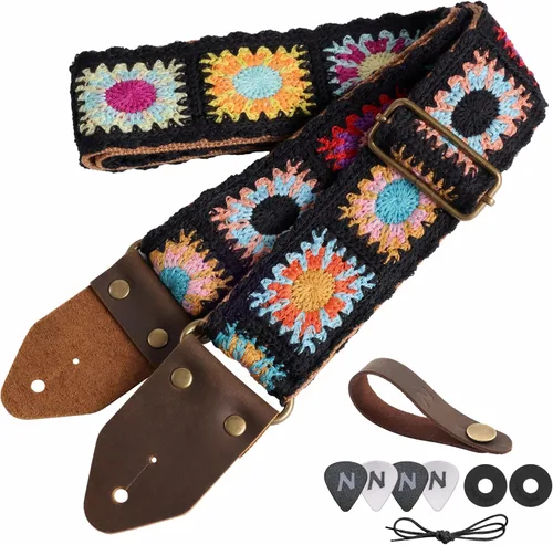 Vista 33 de Nefelibata Correa de guitarra, correas de guitarra de algodón bordado jacquard con extremos de cuero de caballo loco para bajo, eléctrico